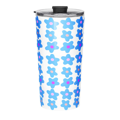 Back view of tumbler water bottle with blue floral pattern and 'Trust God Always' text on a white background