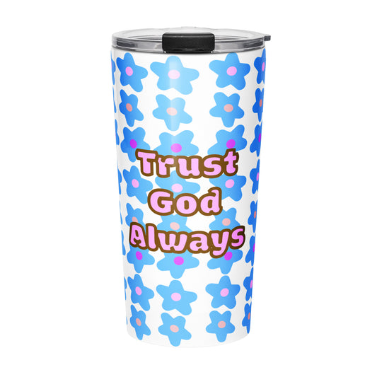 Tumbler water bottle with blue floral pattern and 'Trust God Always' text on a white background