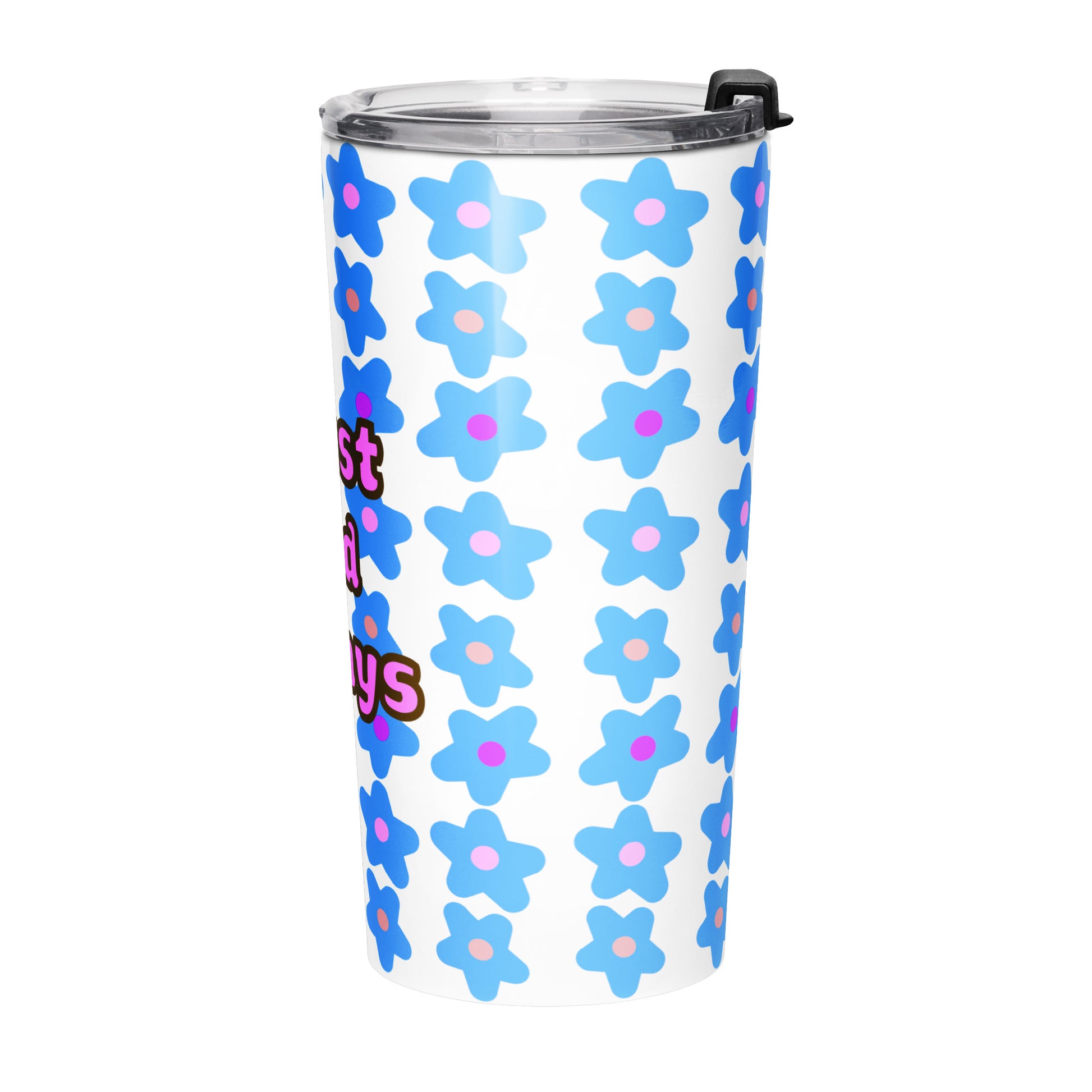 Left side view of tumbler water bottle with blue floral pattern and 'Trust God Always' text on a white background