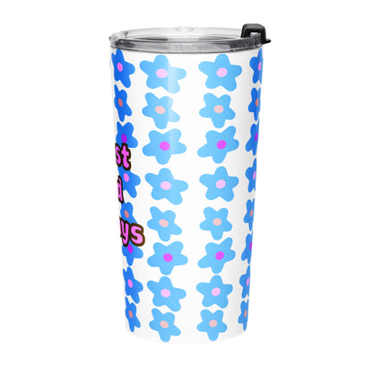 Left side view of tumbler water bottle with blue floral pattern and 'Trust God Always' text on a white background