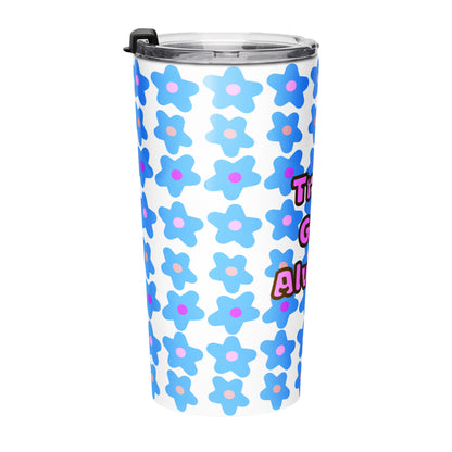 Right side view of tumbler water bottle with blue floral pattern and 'Trust God Always' text on a white background