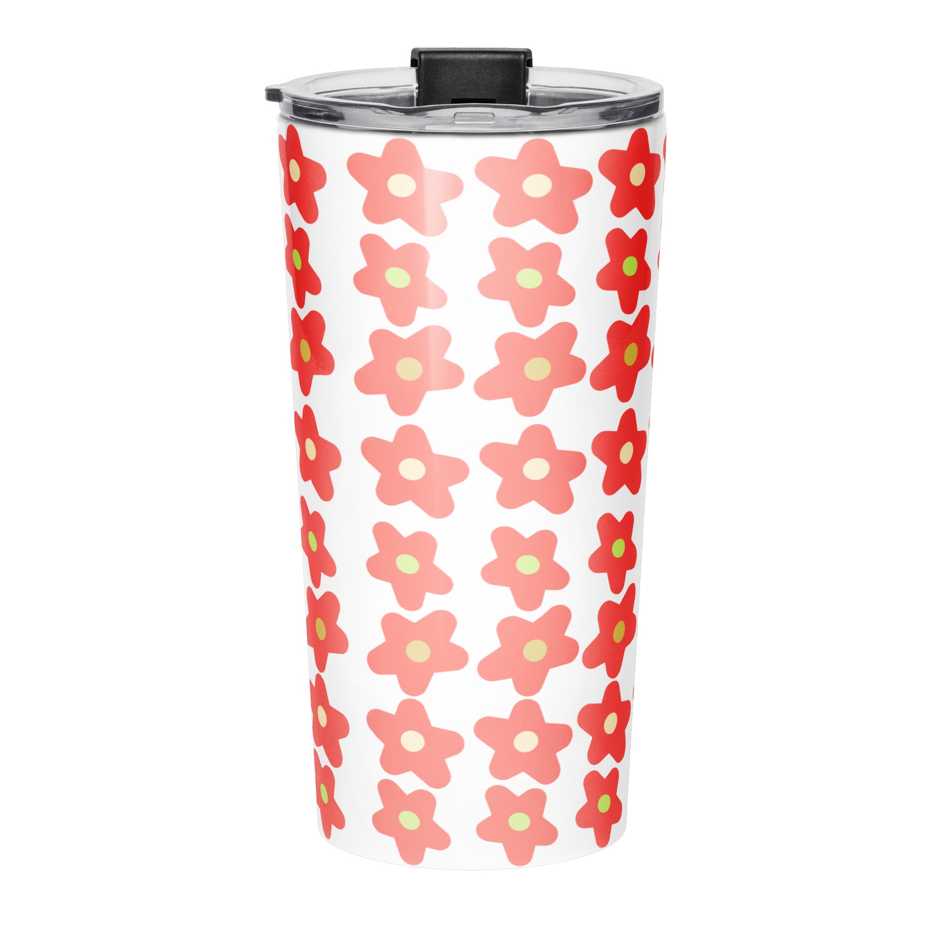 Back view of tumbler water bottle with orange floral pattern and 'Trust God Always' text on a white background