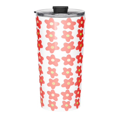 Back view of tumbler water bottle with orange floral pattern and 'Trust God Always' text on a white background