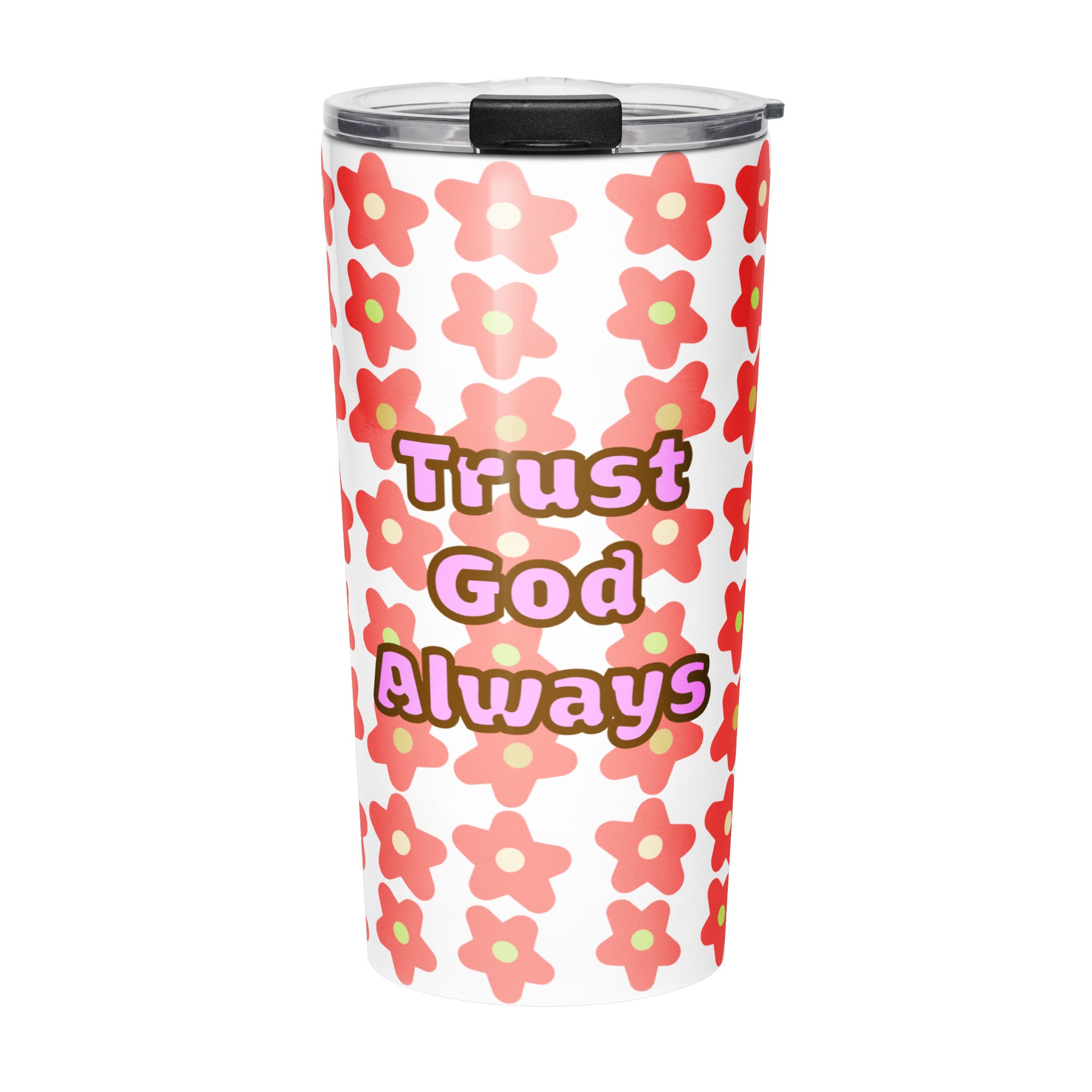 Front view of tumbler water bottle with orange floral pattern and 'Trust God Always' text on a white background