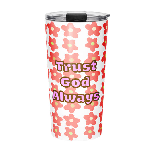 Front view of tumbler water bottle with orange floral pattern and 'Trust God Always' text on a white background