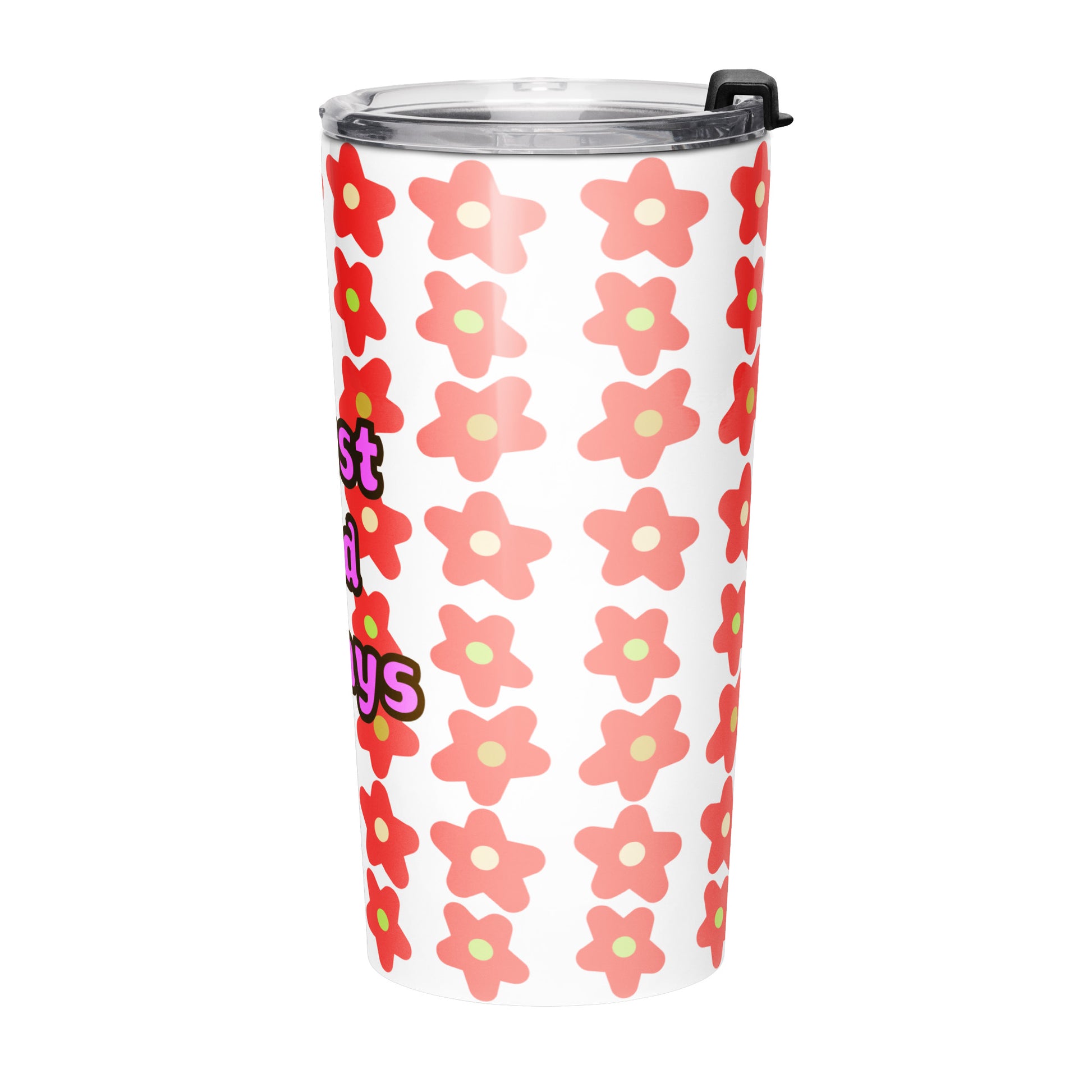 Left side view of tumbler water bottle with orange floral pattern and 'Trust God Always' text on a white background