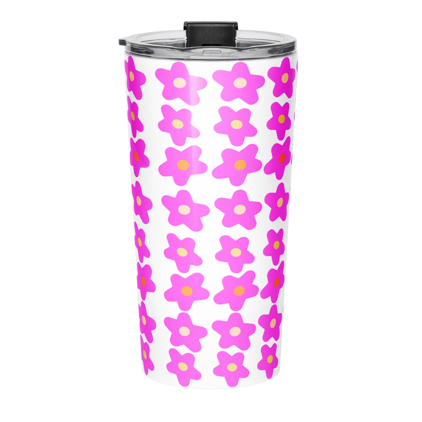 Back view of tumbler water bottle with pink floral pattern and 'Trust God Always' text on a white background