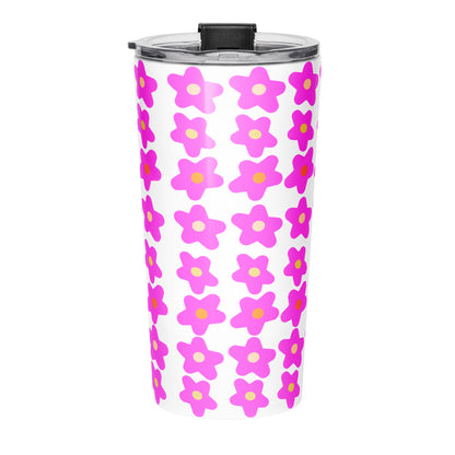 Back view of tumbler water bottle with pink floral pattern and 'Trust God Always' text on a white background