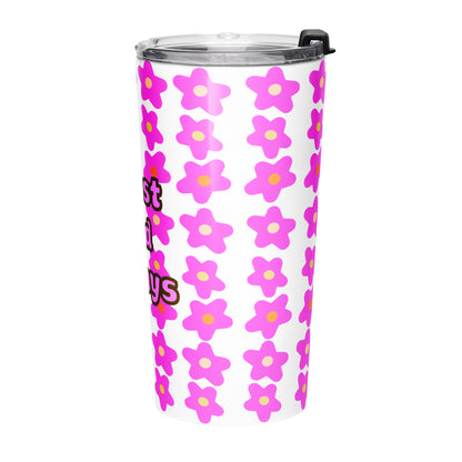 Left side view of tumbler water bottle with pink floral pattern and 'Trust God Always' text on a white background