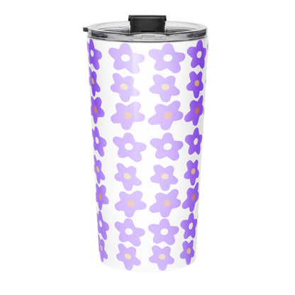 Back view of tumbler water bottle with purple floral pattern and 'Trust God Always' text on a white background