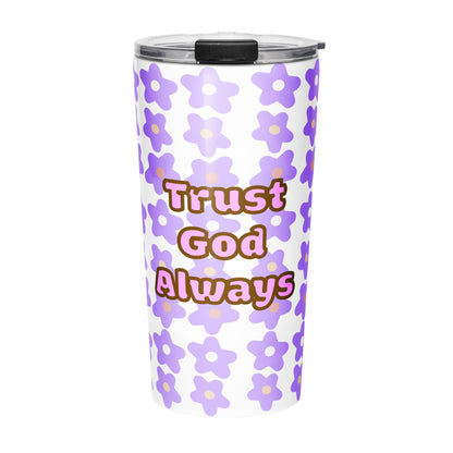 Front view of tumbler water bottle with purple floral pattern and 'Trust God Always' text on a white background