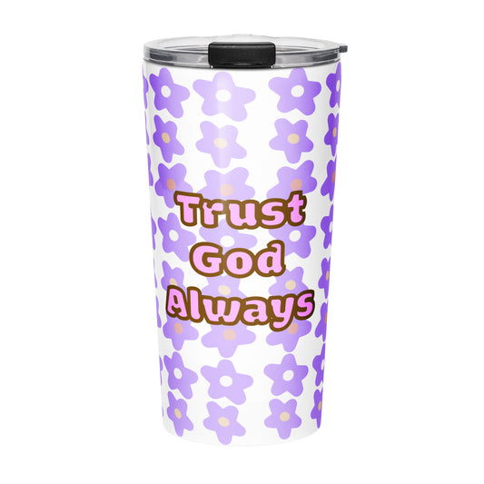 Front view of tumbler water bottle with purple floral pattern and 'Trust God Always' text on a white background