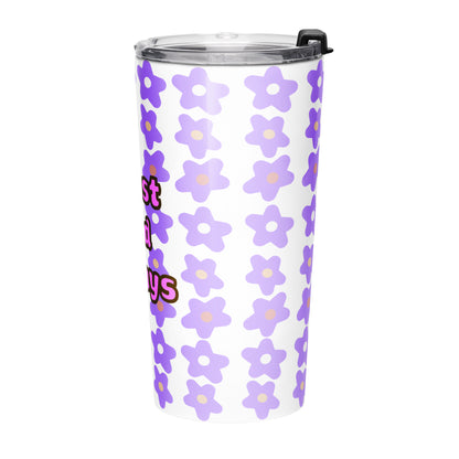 Left side view of tumbler water bottle with purple floral pattern and 'Trust God Always' text on a white background