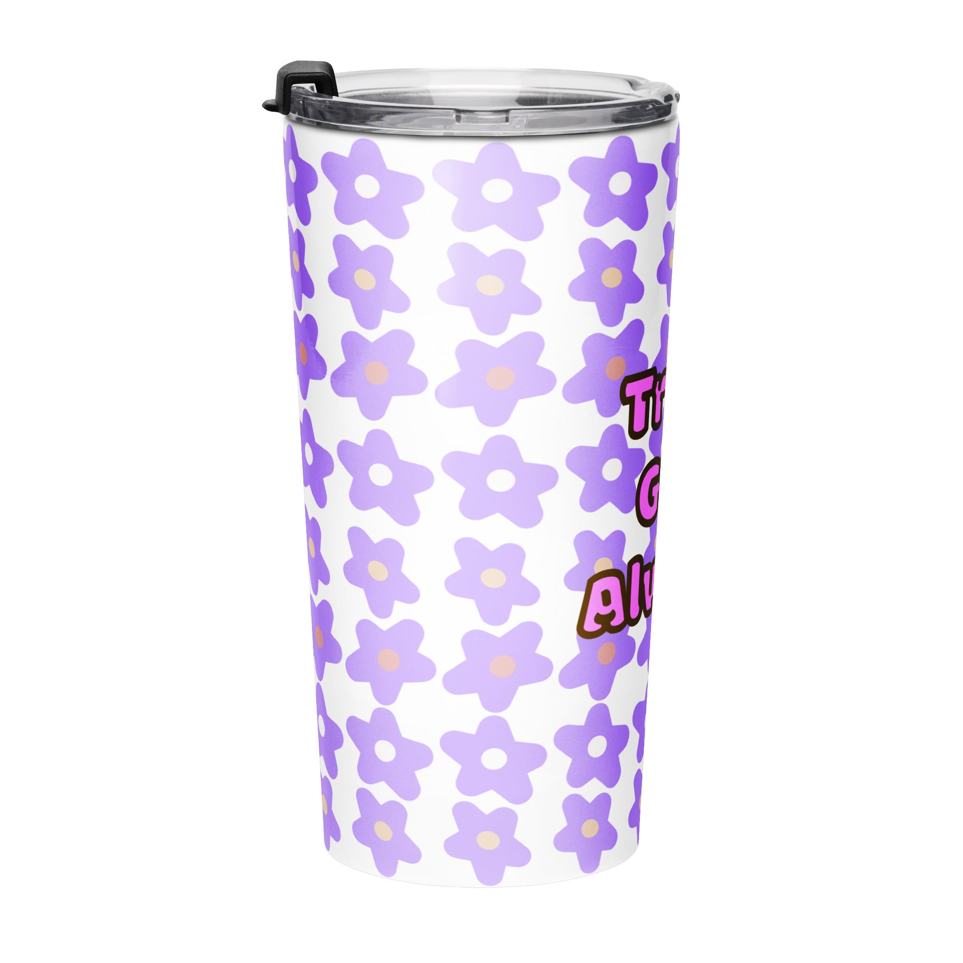 Right side view of tumbler water bottle with purple floral pattern and 'Trust God Always' text on a white background