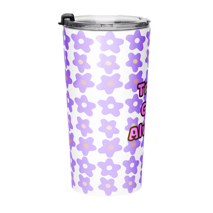 Right side view of tumbler water bottle with purple floral pattern and 'Trust God Always' text on a white background