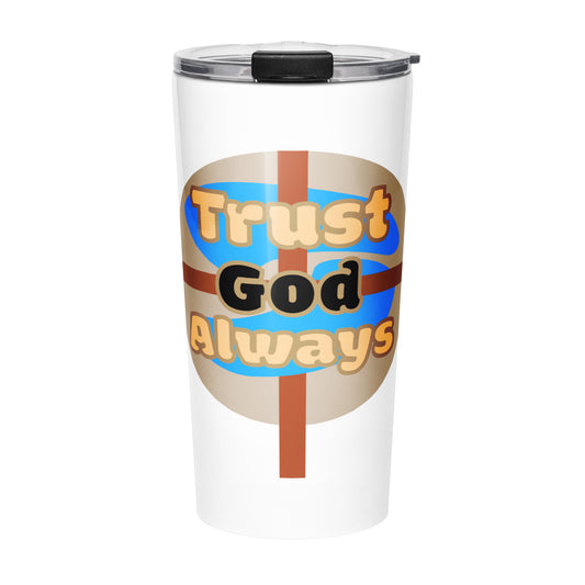 Clear water bottle tumbler with 'Trust God Always' text design on a white background