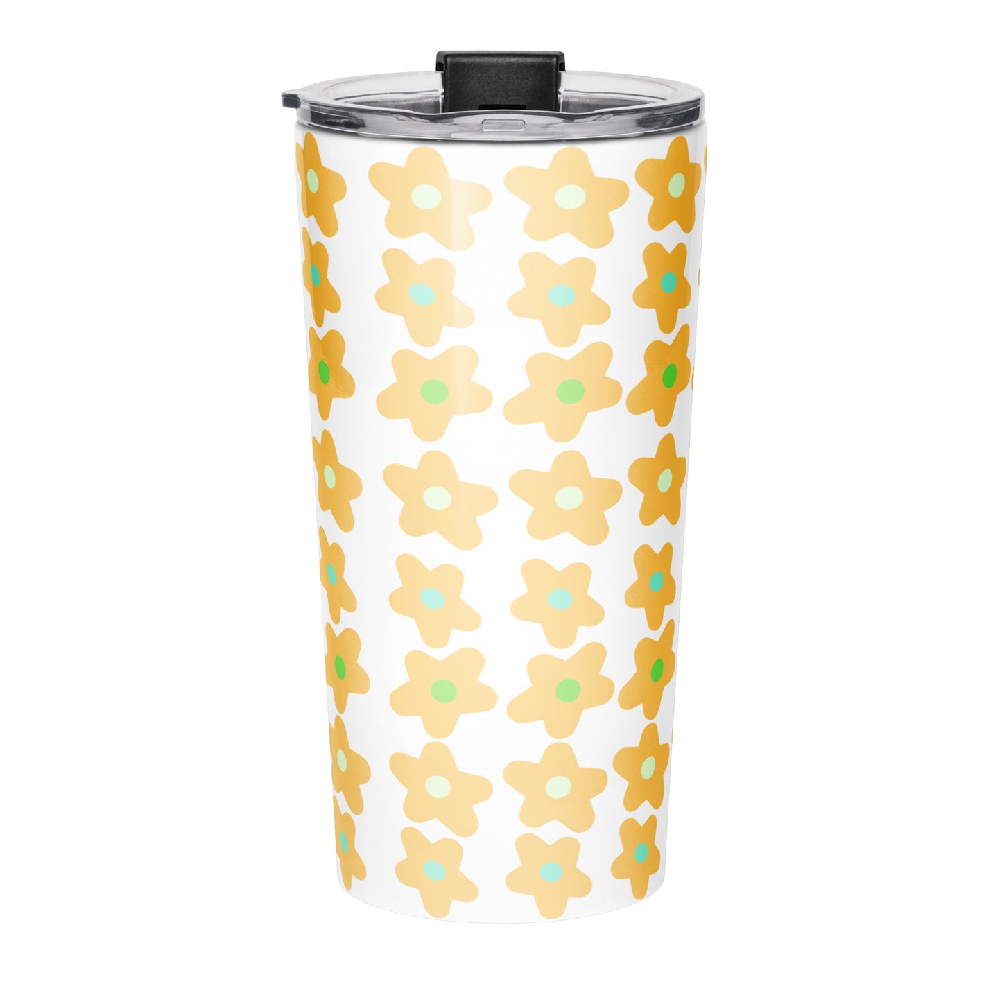 Back view of tumbler water bottle with yellow floral pattern and 'Trust God Always' text on a white background