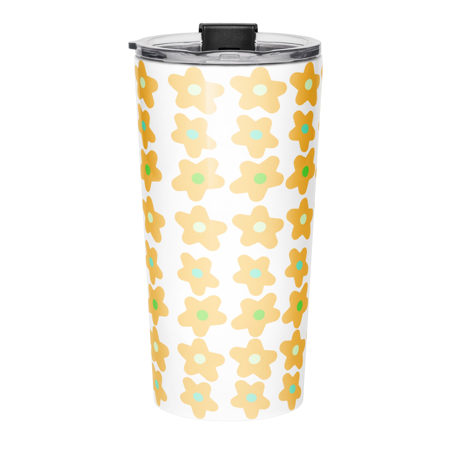 Back view of tumbler water bottle with yellow floral pattern and 'Trust God Always' text on a white background