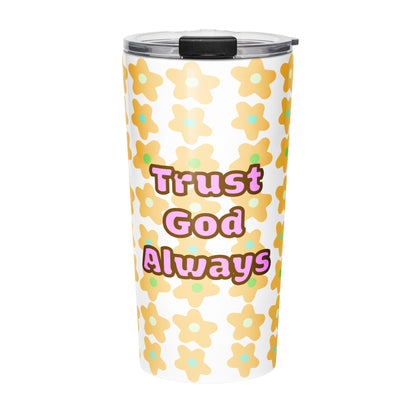 Front view of tumbler water bottle with yellow floral pattern and 'Trust God Always' text on a white background
