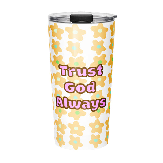 Front view of tumbler water bottle with yellow floral pattern and 'Trust God Always' text on a white background