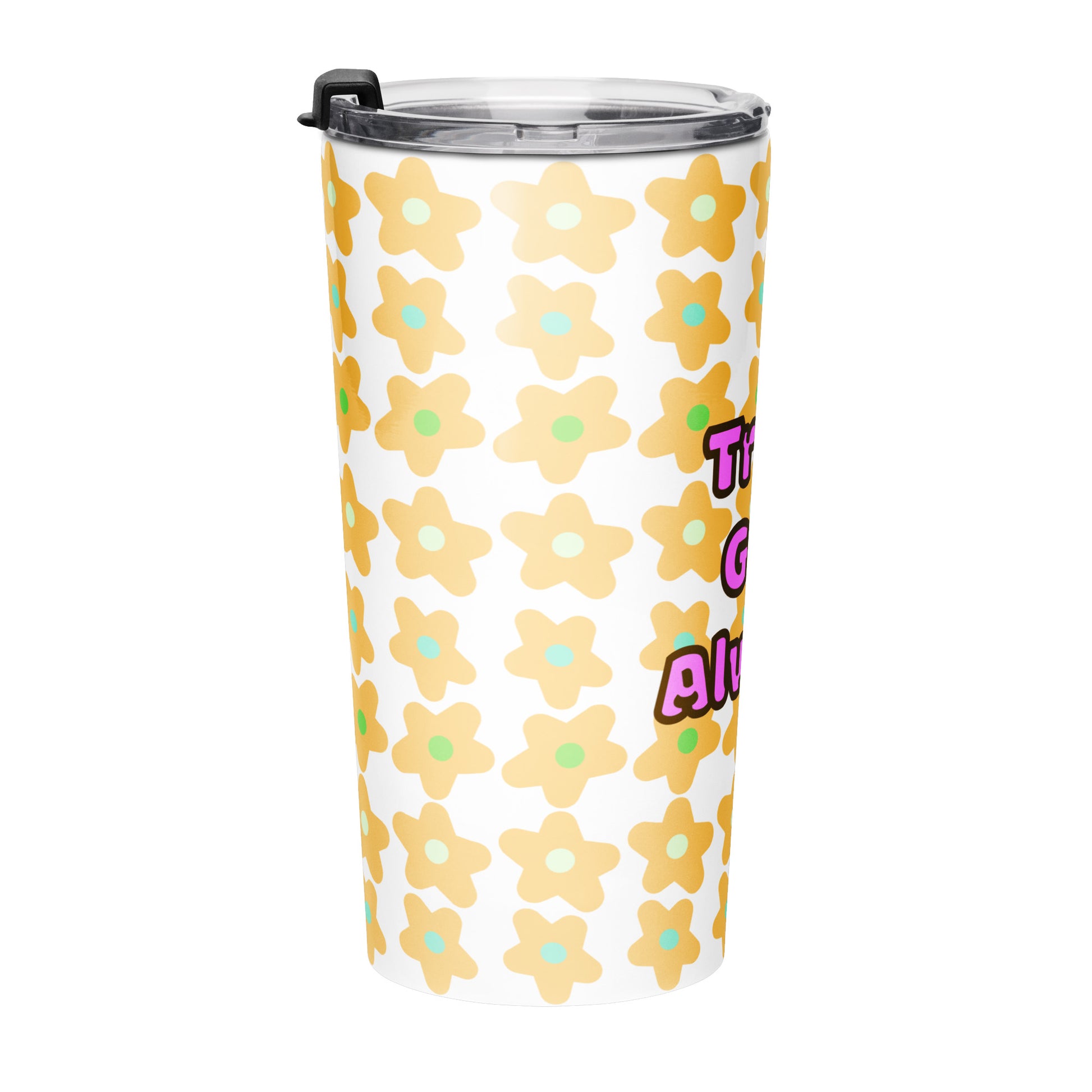 Right side view of tumbler water bottle with yellow floral pattern and 'Trust God Always' text on a white background