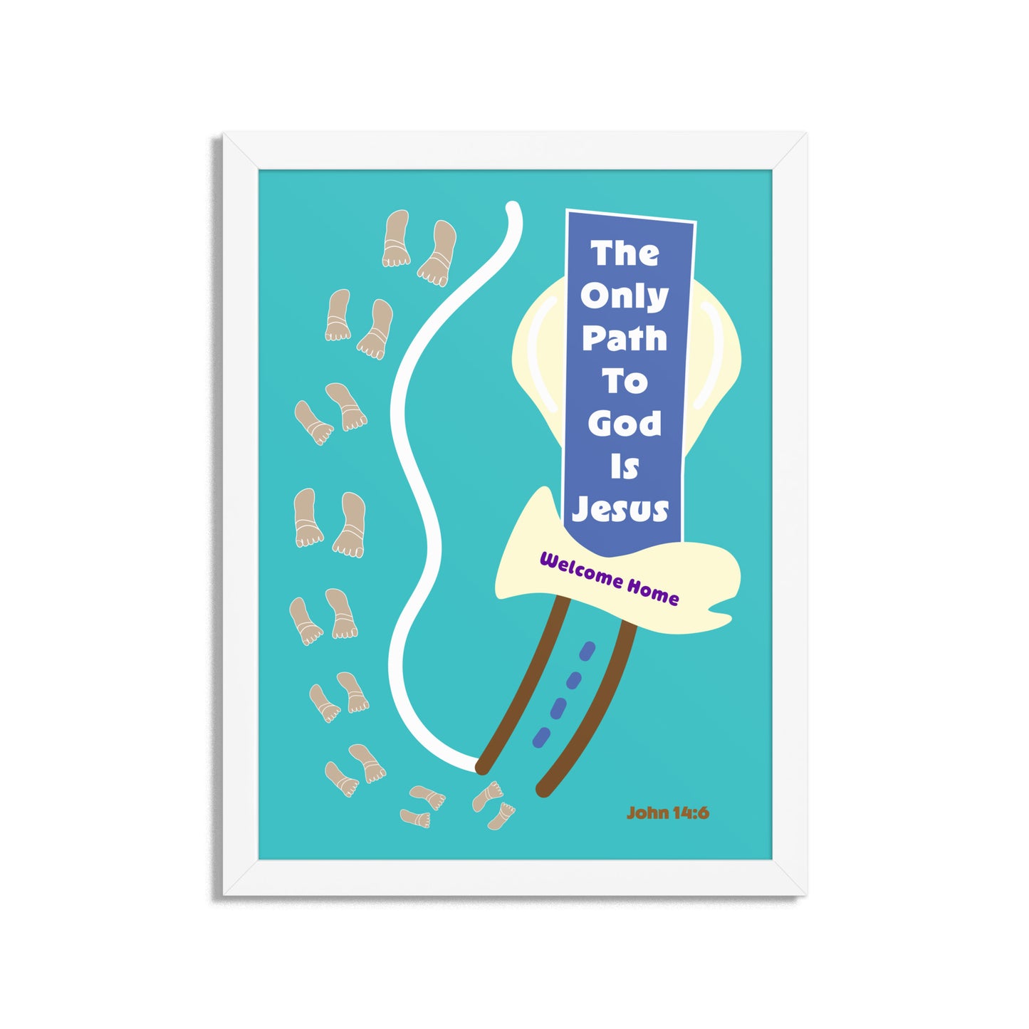 The Only Path To God framed poster with footsteps along a path, a welcome mat and a door to heaven.